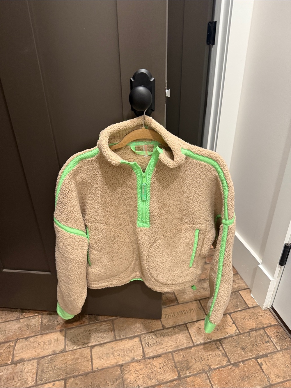 FP Movement by Free People Beige Sherpa Pullover with Mint Trim